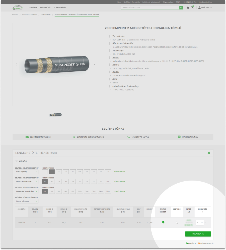 Optimit webshop: méter alapú kosárba rakás