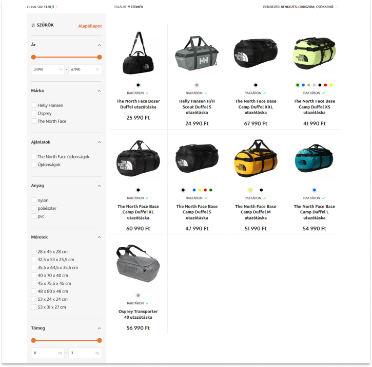 Mountex webshop: Termékvariánsok megjelenítése