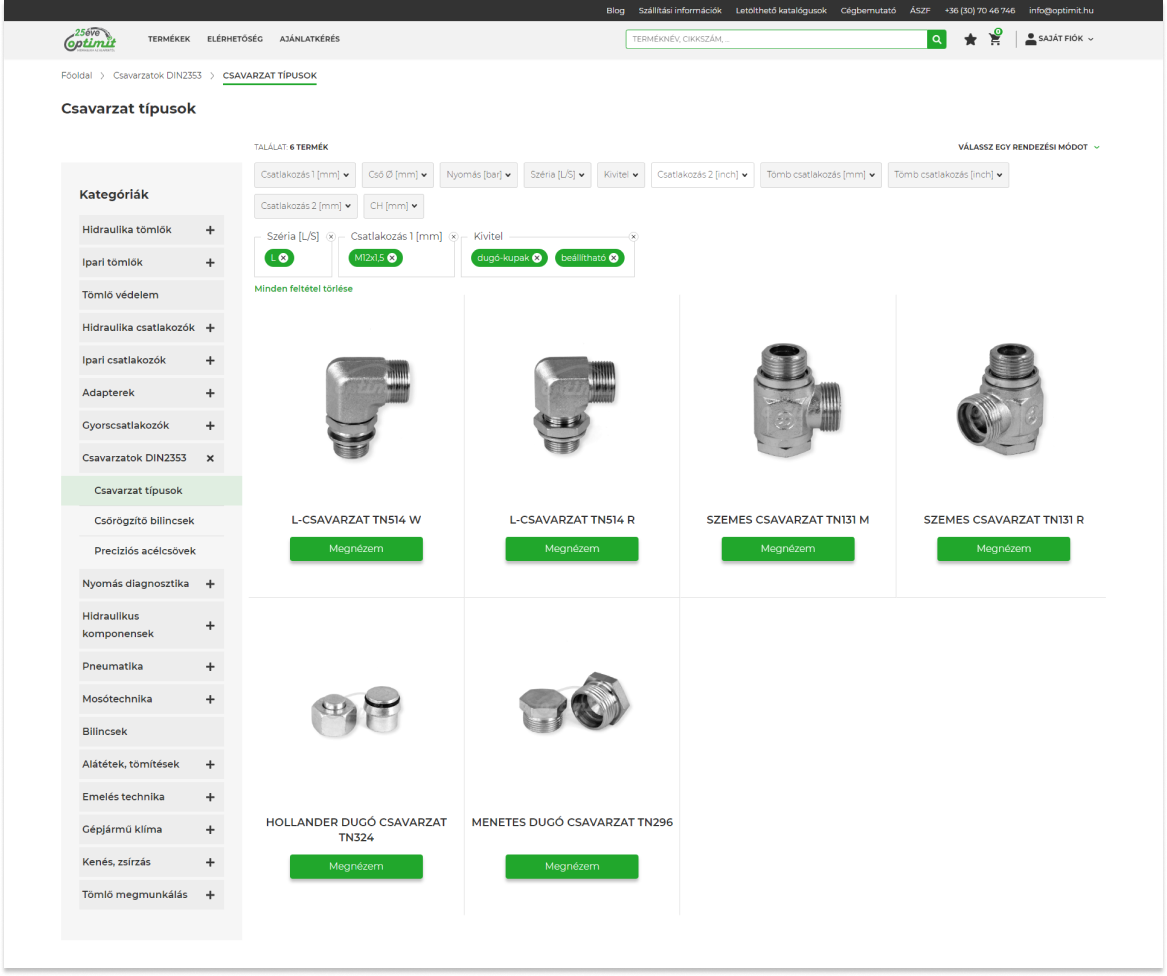 Optimit webshop: sepciális szűrő