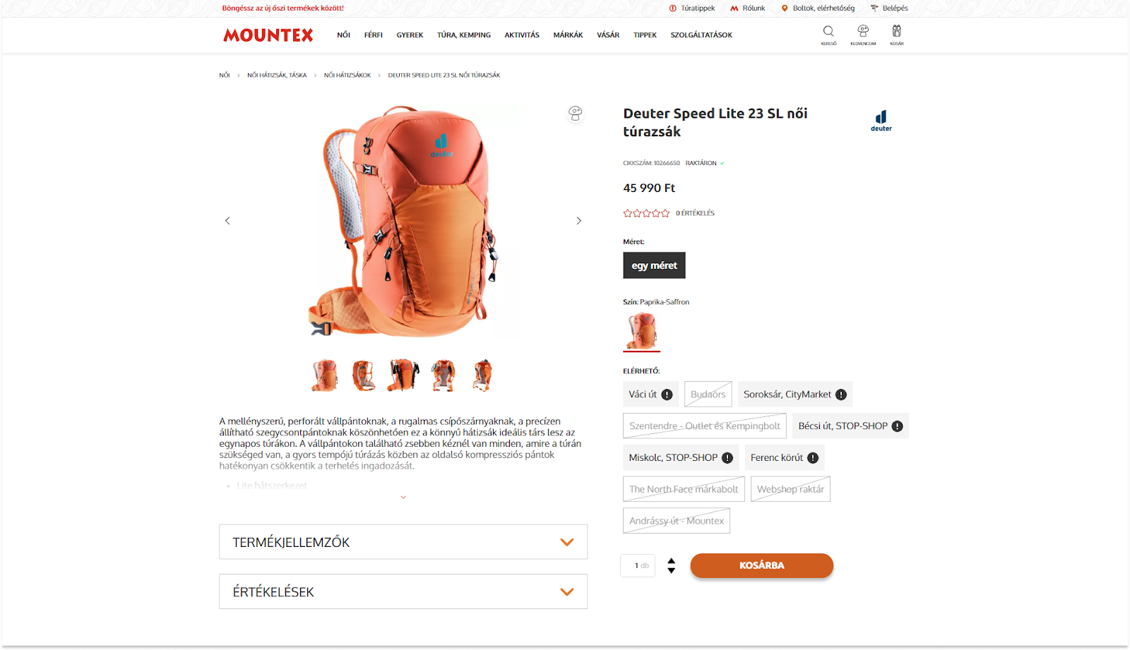 Mountex webshop: Részletes készletinformáció