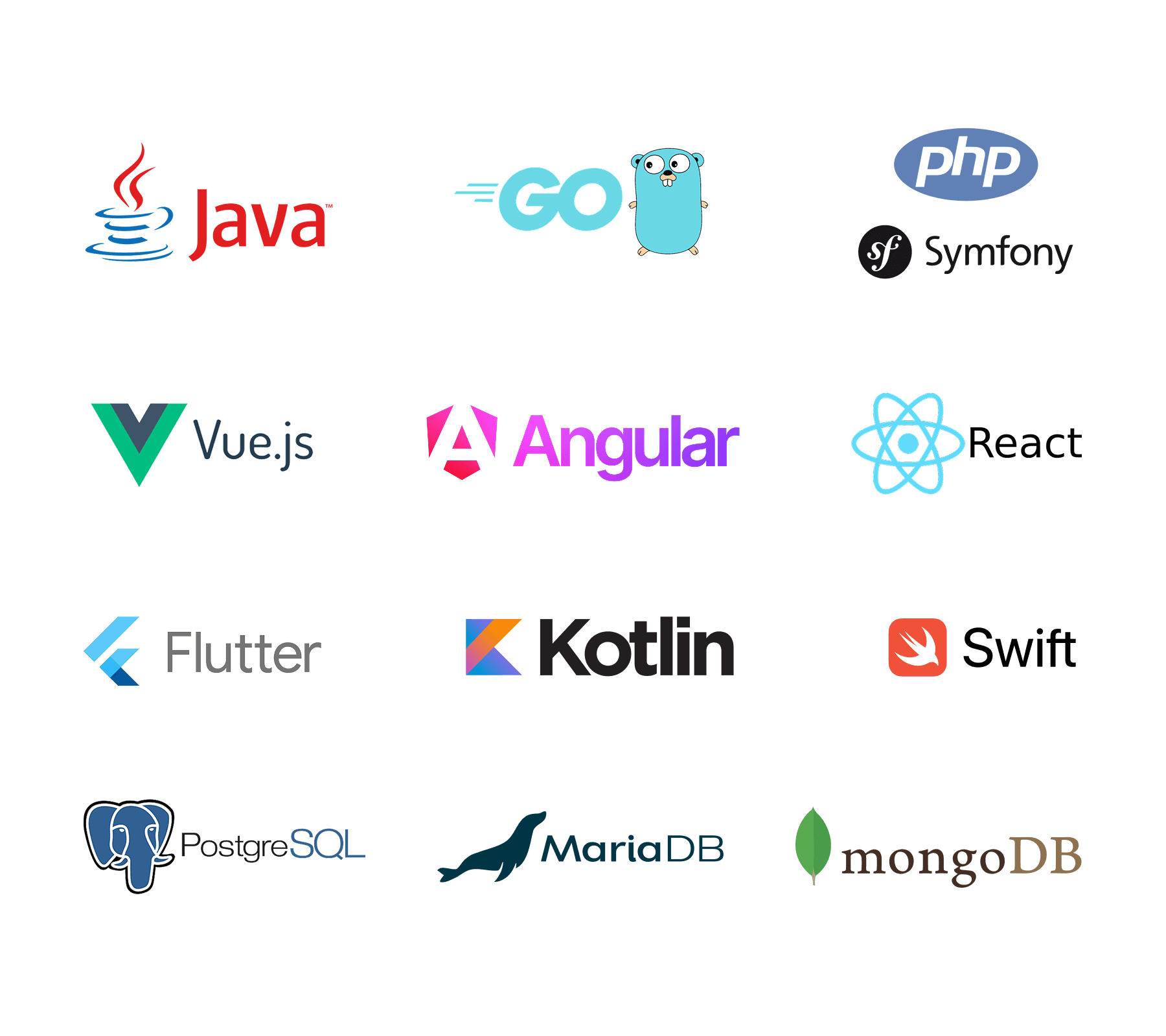 Tech stack: full-stack backend (PHP, Python, Java/Spring, Go), frontend (Vue, React, Angular), mobil (natív iOS, natív Android, Flutter)