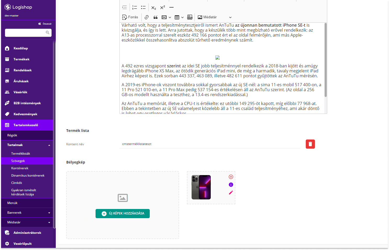 Logishop webshop: Add product list to rich text