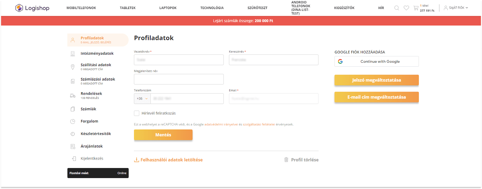 Logishop webshop: Bejelentkezési e-mail cím megváltoztatása