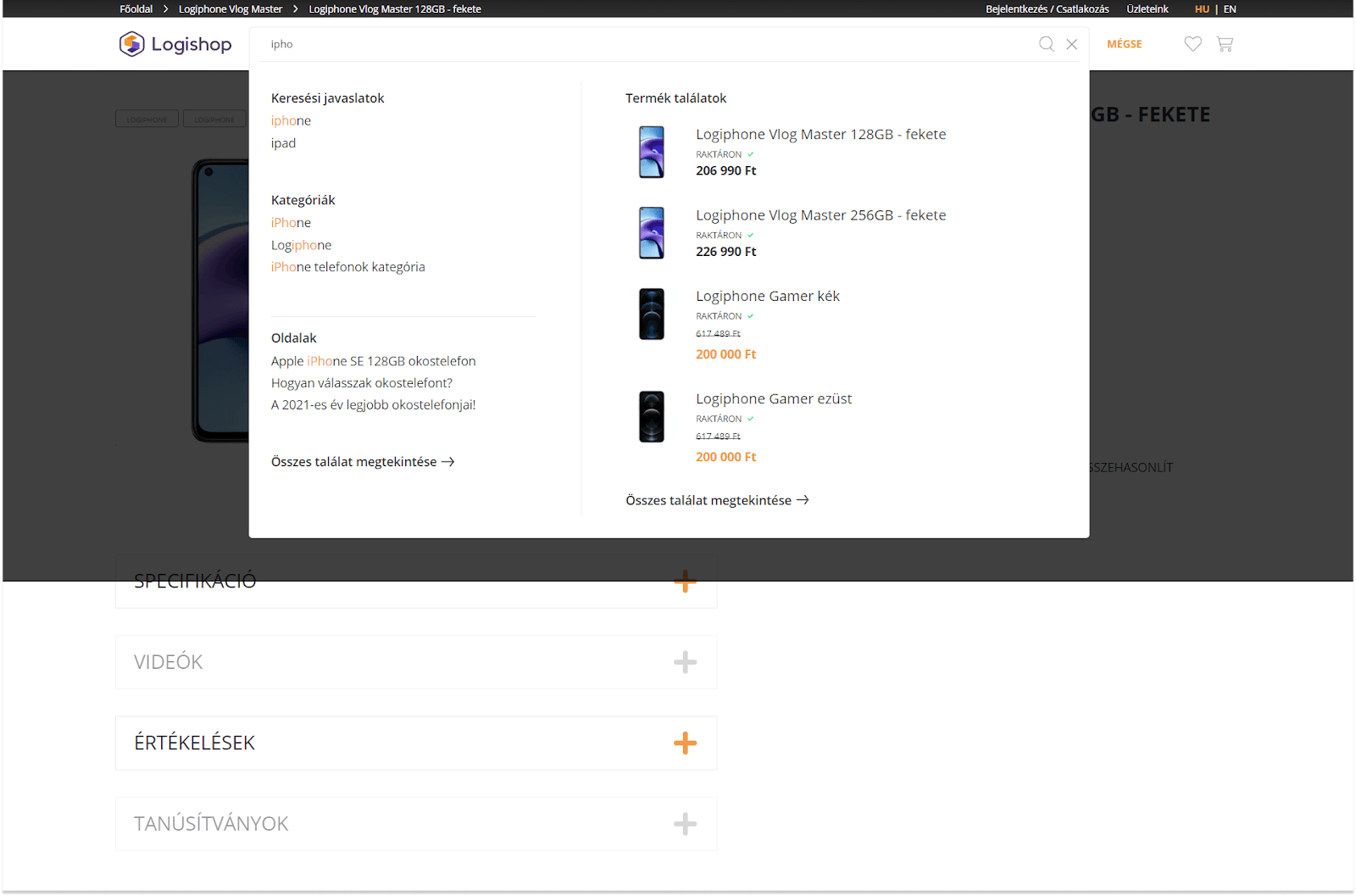 Logishop: free-word quick search with instant results page and recommended products
