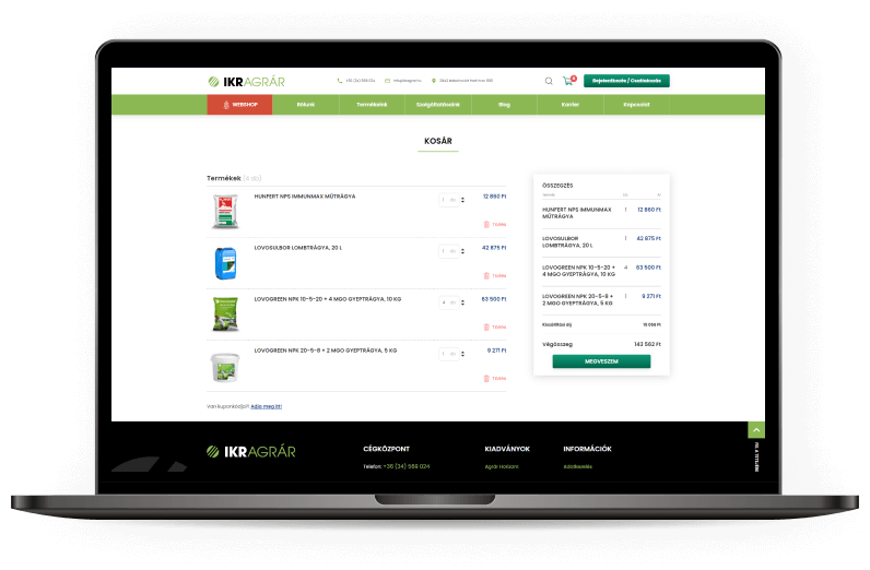 Kosár oldal az IKR Agrár webshopban - webshop készítés Logishop alapokon
