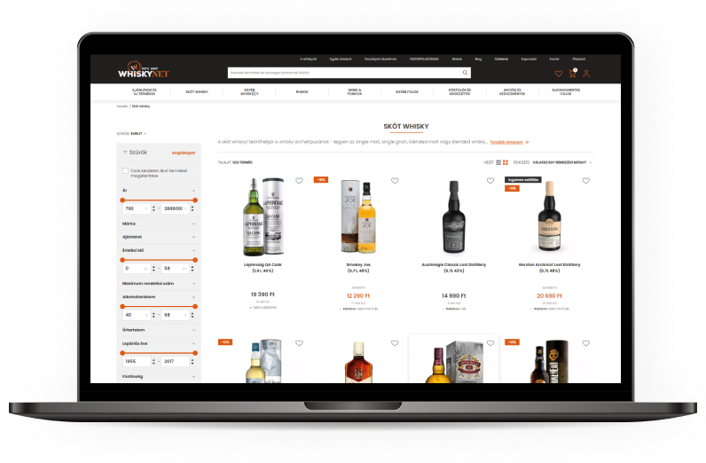 Szűrőpanel a Logishop webshop megoldásra épülő Whiskynet webshopban.