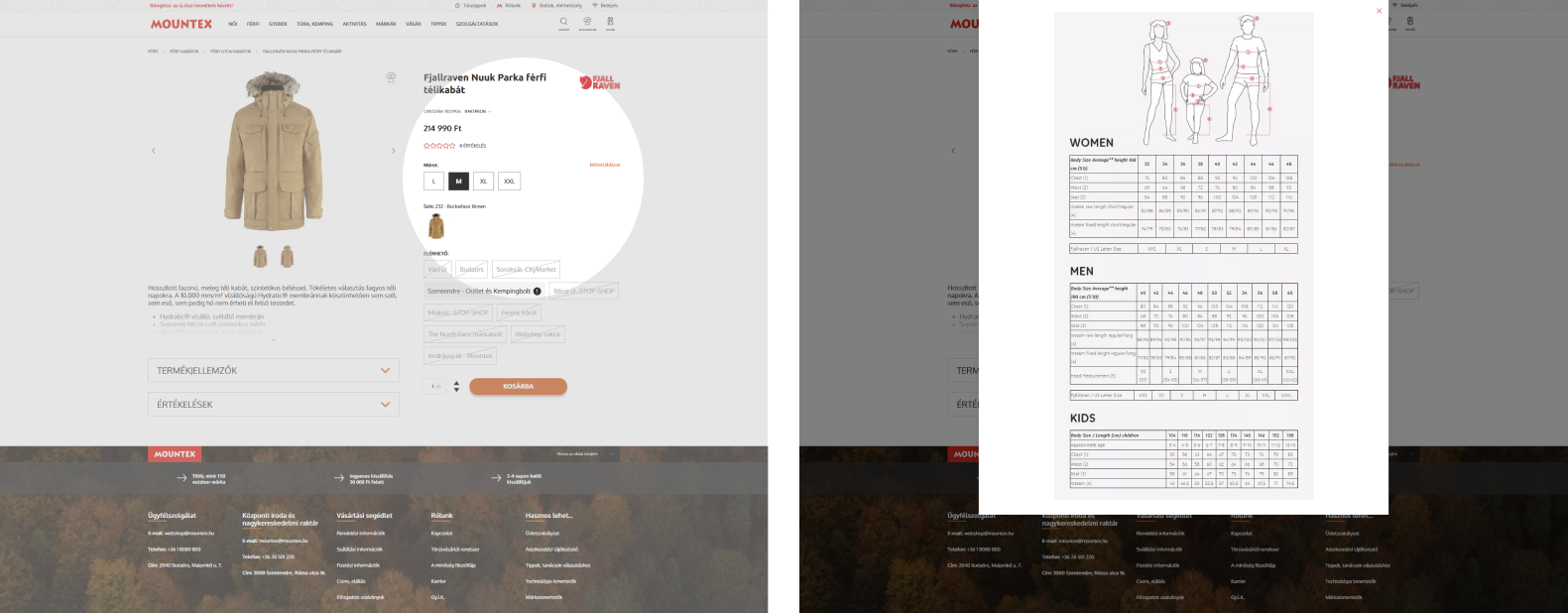 Mountex webshop: Mérettáblázat és márka